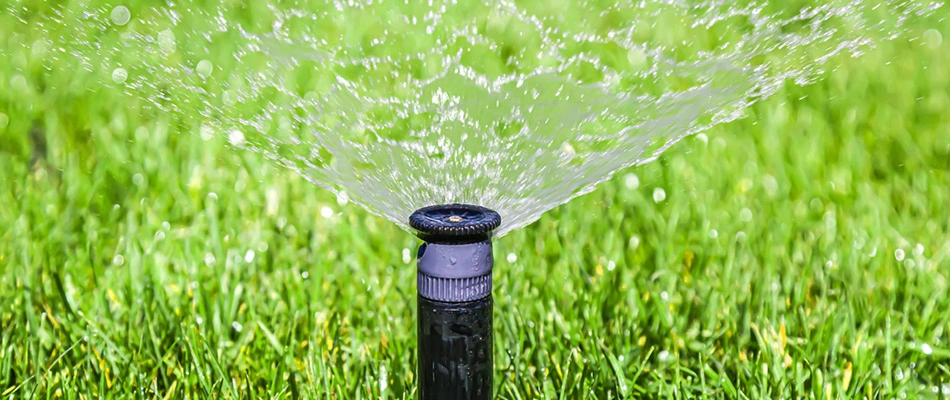 Irrigation sprinkler spraying water over a green lawn near Grand Junciton, CO and surrounding areas.