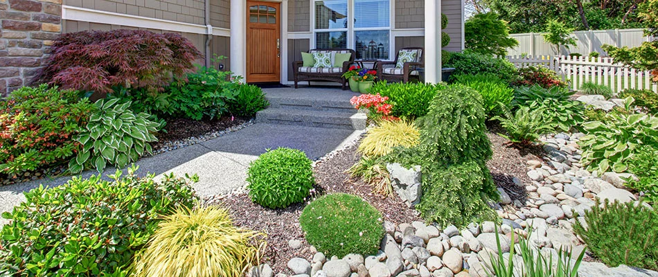 Elegant landscape bed with plants, shrubs, rocks, and mulch near Grand Junction, CO.