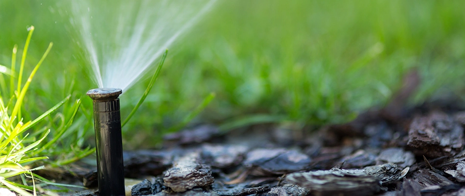 Working irrigation sprinkler watering a lawn and mulch landscape bed near Fruita, CO and nearby communities.