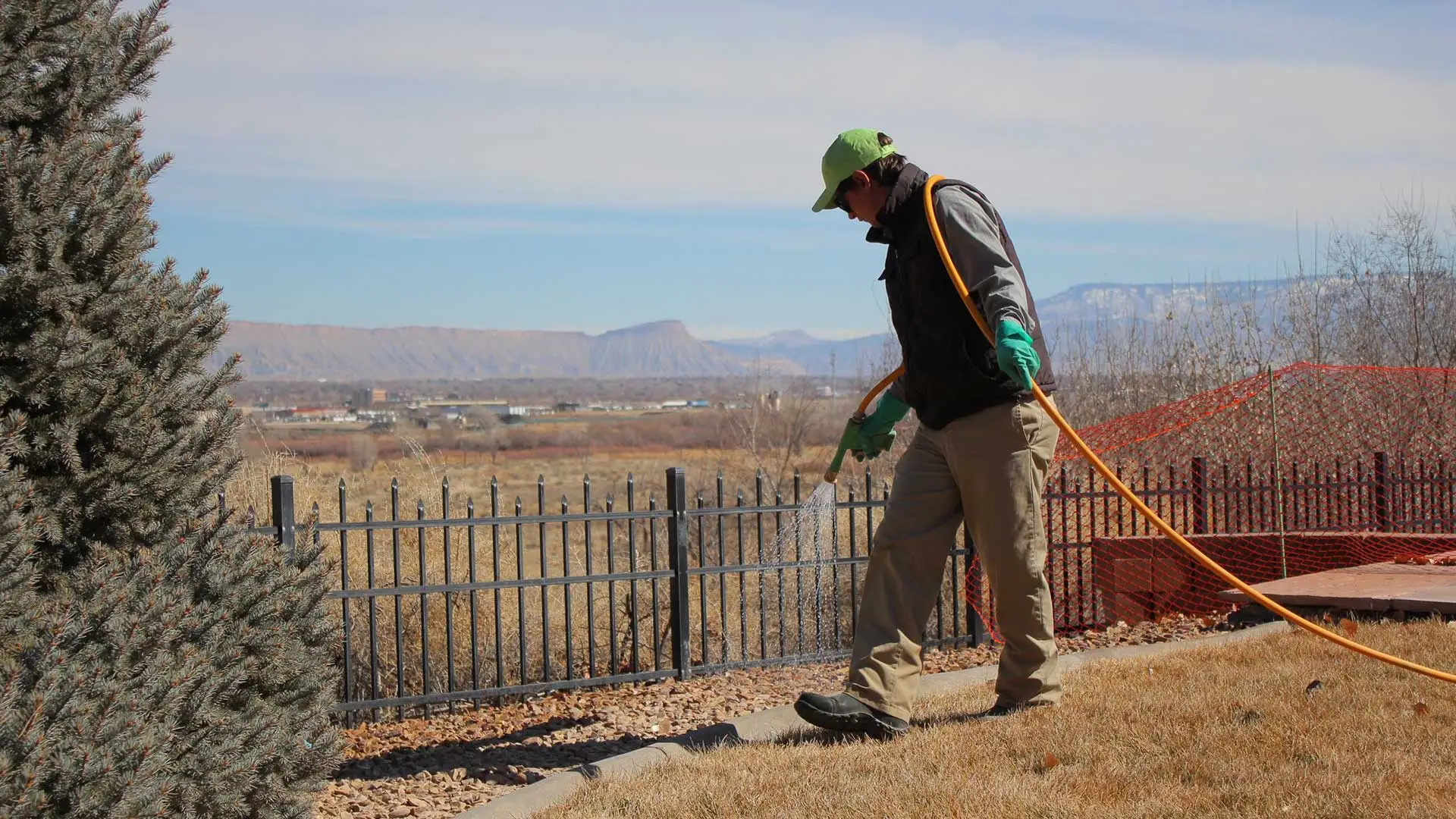 A worker is spraying a lawn with fertilizater to bring it back to health.