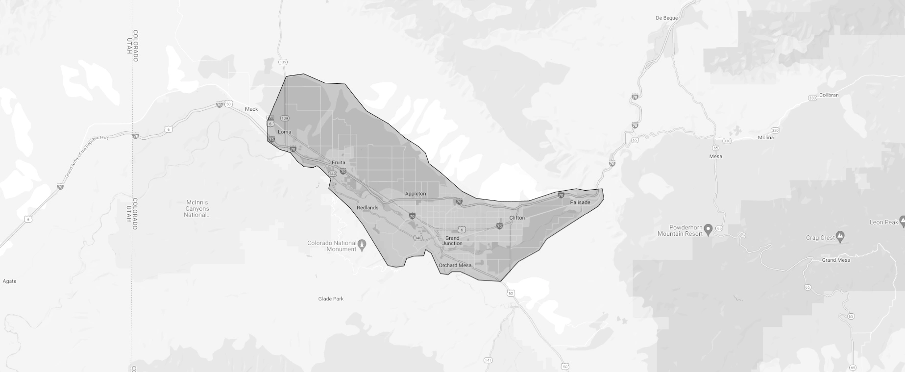 Map of the Greater Grand Junction area in Colorado.